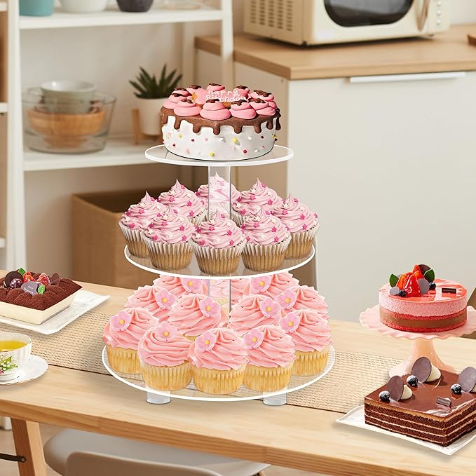 YestBuy 3 Tier Round Cupcake Stand with Base, Acrylic Cake Stand, Cupcake Tower Stand, Premium Cupcake Holder for 23 Cupcakes, Display for Pastry Wedding Birthday Party (4" Between 2 Layers)