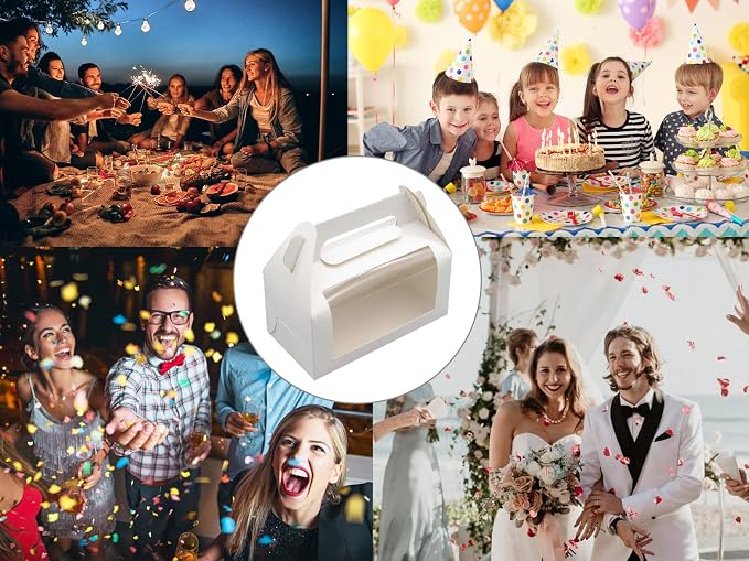 24pcs White Cupcake Boxes 6.8''x3.6''x3.1'' Clear Window Cake Paper Holders Cake Boards Disposable Tiered Handle Boxes Cake Containers Treat Boxes Gift for Party Wedding, Christmas | Food-grade cardboard bakery boxes with window. Rustic design for gift...