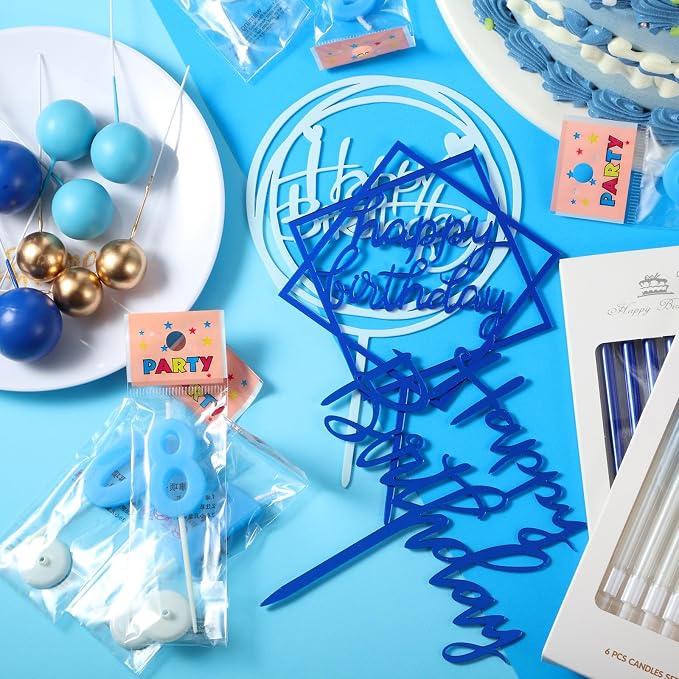 Yerliker 34 Pcs Happy Birthday Cake Toppers Decorations Birthday Candles DIY Cake Decor for Men Women Wedding Anniversary(Navy Blue)