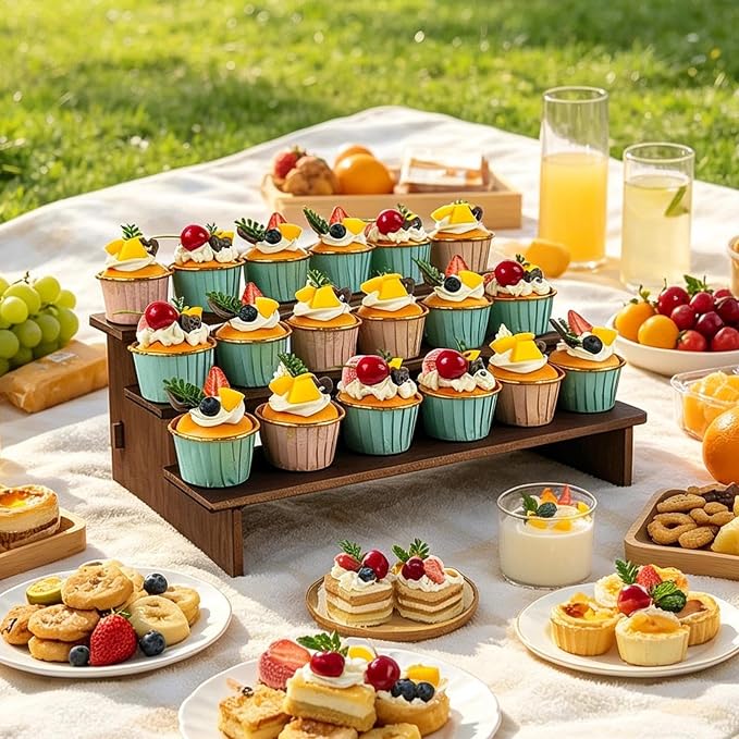 2PK Cupcake Display Stand Wood - Installs in 30s,Easy Carry&Store | Wooden Cupcake Stands, Rustic Desert Stands, Tiered Serving Tray for Vendors, Cup Cake, Cookie, Spice Rack, Farmers Market