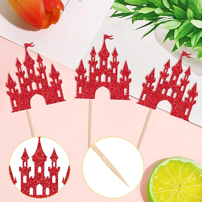 24 PCS Princess Castle Cupcake Toppers Glitter Princess Cupcake Toppers Queen Castle Theme Birthday Party Cake Decoration for Girls Princess Baby Shower Happy Birthday Party Decorations Supplies Red