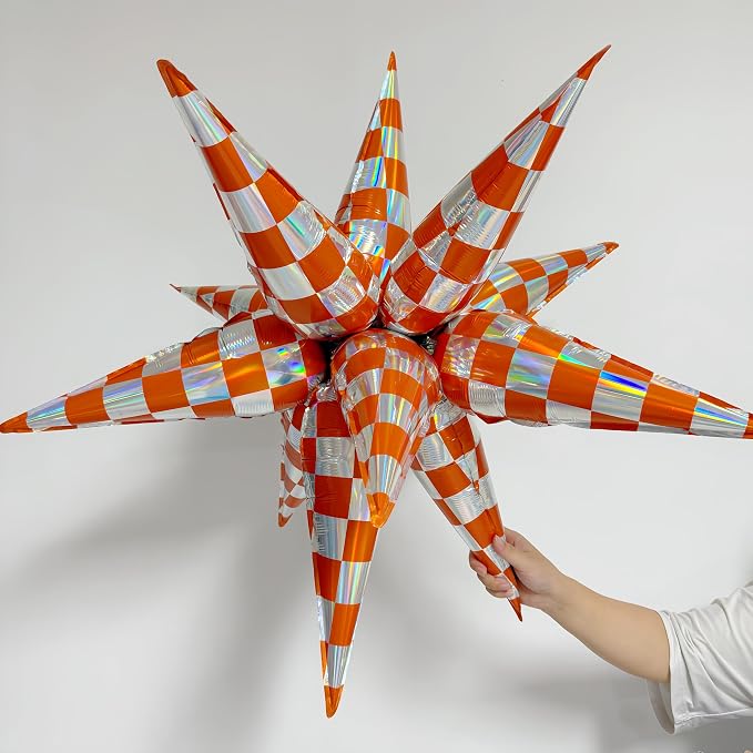 2 * 12Pcs Orange Silver Holographic Explosion Pointed Star Foil Balloons/Football Game Day/The Life of A Showgirl Party/Tay*lor Sunset Coastal Birthday, Glam Showgirl Era Party (2Pcs Orange Laser)