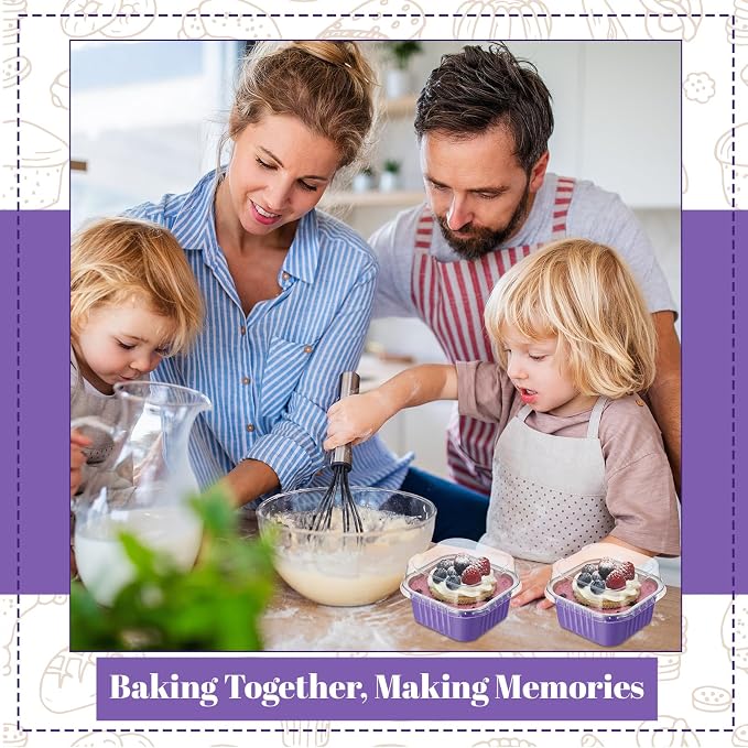 200 Pack 5 oz Purple Mini Cake Pans with Lid, Aluminum Foil Mini Baking Tins, Square Disposable Cupcake Baking Cup Dessert Container for Purple Wedding Birthday Party Favors Supplies