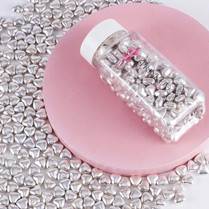 Kasvan Silver Heart Shapes Sprinkles - Edible Candy Pearls 100g/3.58 Oz, Mix Size, Baking Cake Decorations, Ice Cream Toppings and Cookie Decorating, Wedding Party Chirstmas Supplies (Silver)