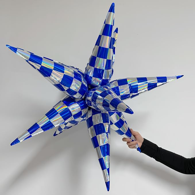 2 * 12 Pcs Blue Silver Iridescent Checkered Star Foil Balloons/Race Car Party/Talla*dega Nights 1st Birthday/Outer Space Galaxy Theme/Las Vegas Casino Bar Party/Father's Day(2Pcs Blue laser)
