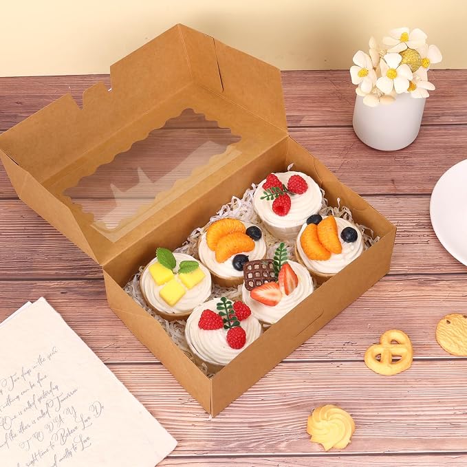Moretoes 45pcs Cookie Boxes with Window, 9x6x3 Inch Brown Auto-Popup Bakery Boxes, Pastry Containers for Chocolate Covered Strawberries, Candy, Muffins, Donuts