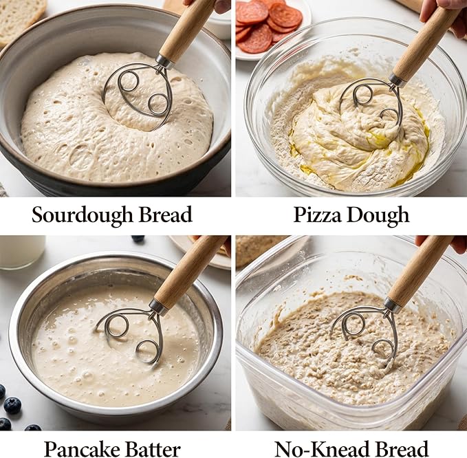 Danish Dough Whisk for Sourdough Bread, Stainless Steel with Wooden Handle, Manual Mixer Tool for No Knead Bread, Pizza and Baking