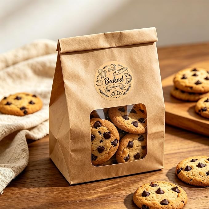 240PCS Baked with Love Stickers, 1.6 Inch Round Self-Adhesive Kraft Baking Labels, Vintage Packaging Stickers for Homemade Bread Cookies Goodie Bags Gift Wrapping,6 Design