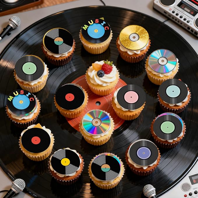 36PCS Edible Record Cupcake Toppers Wafer Paper Record CD Cupcake Picks Rock and Roll Party Decorations for Retro Vinyl Music Theme Birthday Baby Shower Supplies