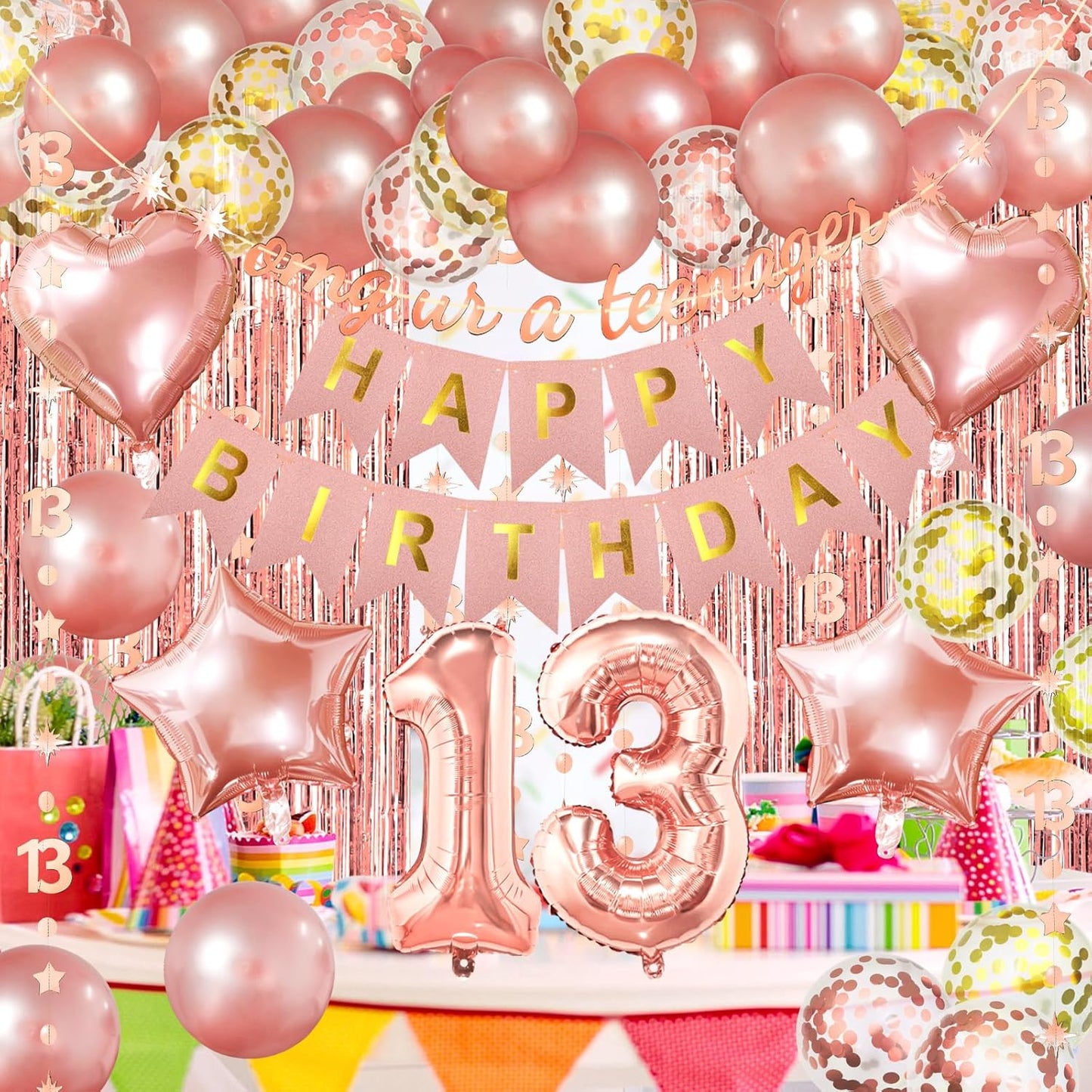 ZERODECO Rose Gold Birthday Party Decorations 13th, Happy Birthday Banner Fringe Curtain 13 Garland Heart Star Foil Confetti Balloons for Women Girls Queen Princess Party