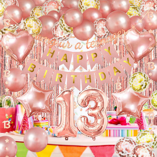 ZERODECO Rose Gold Birthday Party Decorations 13th, Happy Birthday Banner Fringe Curtain 13 Garland Heart Star Foil Confetti Balloons for Women Girls Queen Princess Party