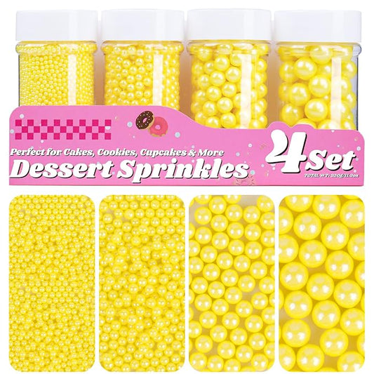 Yellow Pearl Sprinkles for Cake Decorating, 11.3oz/320g Edible Pearls Sugar 4 Jars Set for Baking Cupcakes Cookies