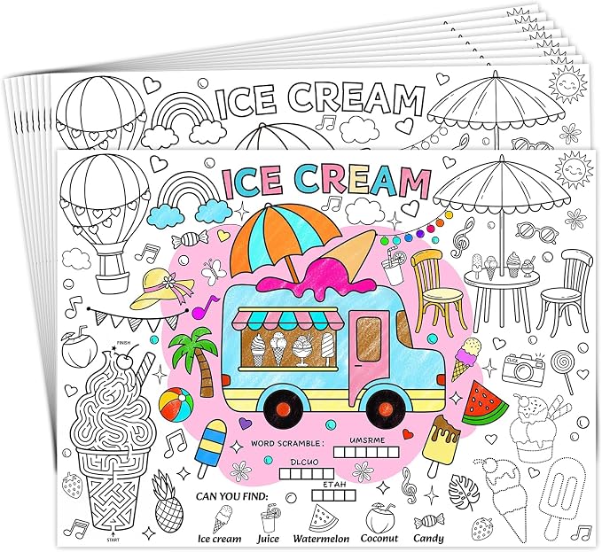 45pcs Ice Cream Disposable Coloring Placemats Summer Crafts for Kids Birthday Party Favors Coloring Poster Cone Sundae Sprinkles Sweet Treat Activity Church Supplies Paper Table Mats