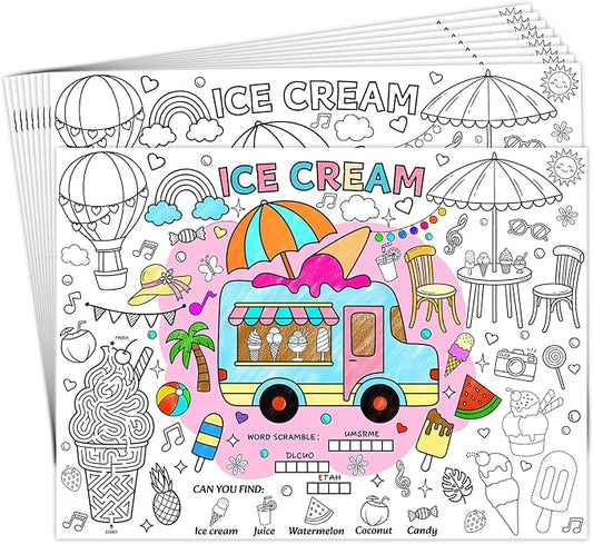 45pcs Ice Cream Disposable Coloring Placemats Summer Crafts for Kids Birthday Party Favors Coloring Poster Cone Sundae Sprinkles Sweet Treat Activity Church Supplies Paper Table Mats