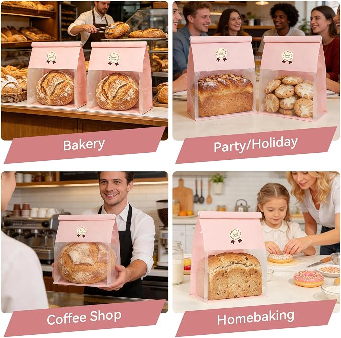 Funcoo 50 Paper Bread Bags with Tabs for Homemade Sourdough Bread, 8.7x4.3x11 Inches Pink Bakery Bread Bags with Window/Tin Tie Tab Lock, Large Bakery Loaf Bag for Baked Goods Packaging