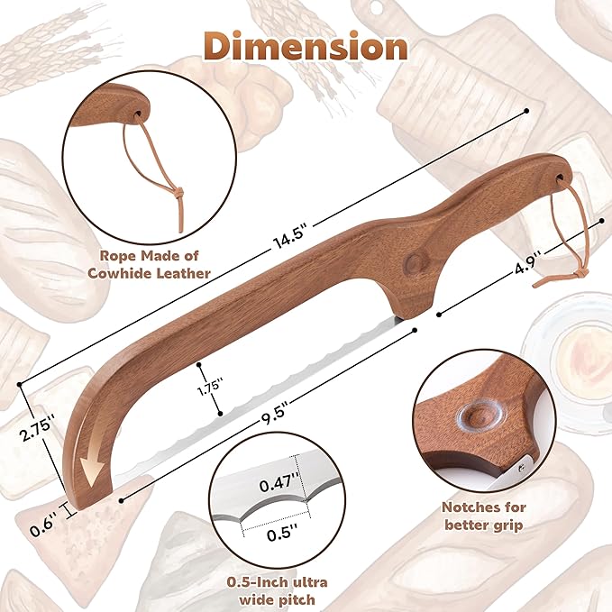 Bread Knife for Homemade Bread, 14.5" Wooden Sourdough Bread Knife, Sourdough Bread Slicer, Bow Design, Easy to Cut Into Uniform Thin Slices, Bread Saw for Cutting Sourdough Bread, Bagel, Baguette Etc