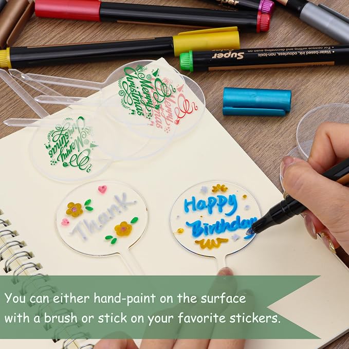 Blank Acrylic Cupcake Toppers, 10 Packs Round Cupcake Topper with Sticks, DIY Dessert Table Cupcake Signs, Suitable for Birthdays, Weddings, Christmas, Baby Showers Cake Decoration