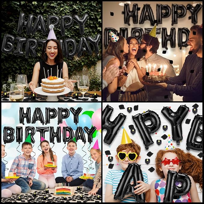 Black Happy Birthday Balloons Decorations Happy Birthday Letter Balloons Banner Set with 24pcs Heart Flameless LED Candles and 2000pcs Artificial Rose Petals for Women Men Room Party Decor