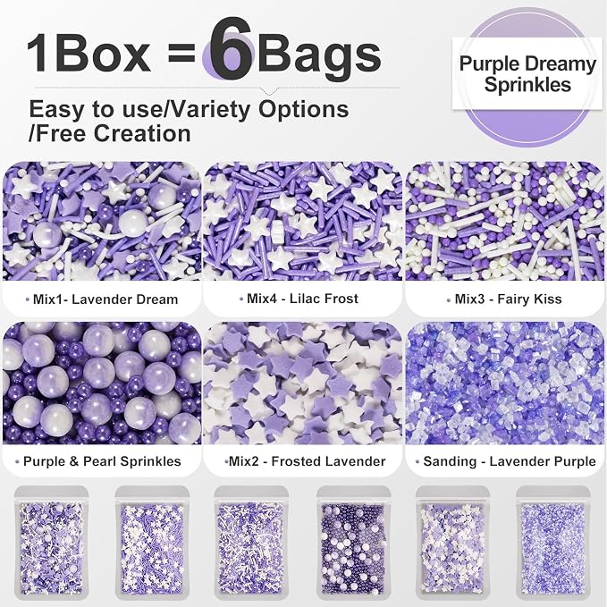 HUEBEATY 6-in-1 Purple Sprinkles for Cake & Cupcake Decorating – 180g Edible Sanding Sugar & Pearl Sprinkles Mix for Birthday, Wedding, Unicorn & Mermaid Themes (Purple and Silver)