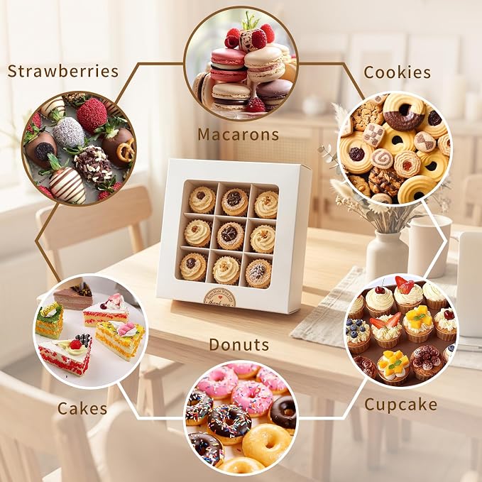 Homrelaxy 70 Pcs White Bakery Boxes with Window - 8x8x2.5 Inches Cardboard Cookies Boxes with Stickers for Macaroon, Pastries, Donuts, Cupcakes, Cookies and Chocolate Strawberries