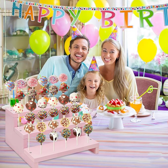 Wood Cake Pop Stands, 3 Tier Lollipop Holders with Twist Ties Lollipop Sticks, Sucker Display Riser for Dessert Table of Wedding Birthday Party (Pink-1P)