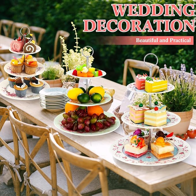 Dandat 4 Pcs 3 Tier Cake Stand Floral Ceramic Afternoon Serving Tray Porcelain Dessert Stand 6" 8" 10" Cake Stand 3 Tier Serving Platter for Tea Party, Wedding and Birthday, 4 Colors