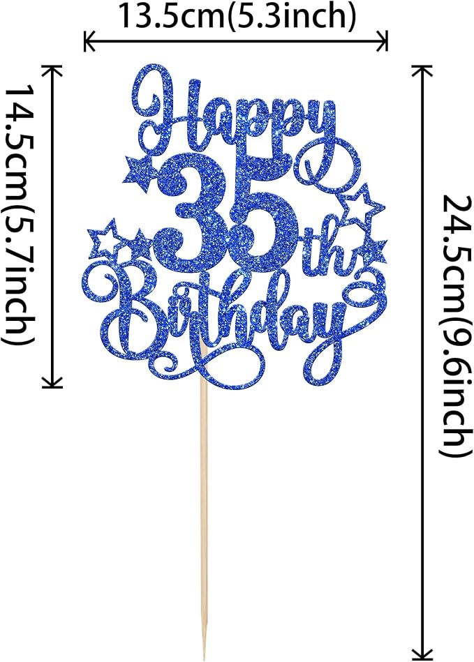 1 PCS Happy 35th Birthday Cake Topper Glitter Cheers to 35 Years Birthday Cake Pick Hello 35 Fabulous Cake Decoration for Happy 35th Birthday Anniversary Party Decorations Supplies Blue