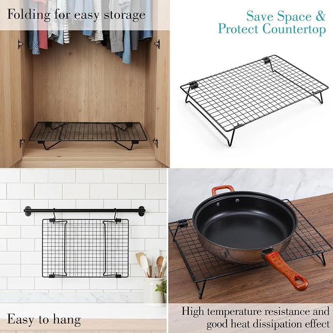 Kifmurase 2PCS Stackable Cooling Rack for Baking, 13.3 x 9.3 Inch Carbon Steel Wire Rack with Folding Legs for Cookie Cake Pizza Jerky, Multi-Use Bread Oven Racks for Cooking Roasting Drying Grilling
