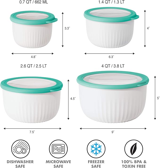 Oggi Prep, Store & Serve Plastic Bowl w/See-Thru Lid- Dishwasher, Microwave & Freezer Safe, (4 qt) White/Aqua (Pack of 12)