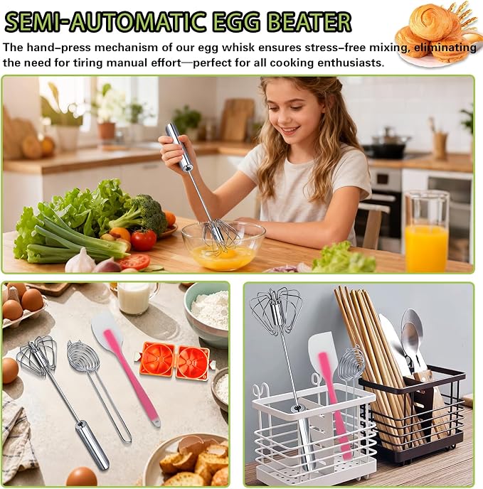 Semi-automatic Whisk, Stainless Steel Egg Whisk, Hand Mixer Egg Beater, Egg Spinner, Wisking Tool, Hand Push Mixer Stirrer for Blending, Whisking, Beating & Stirring (12in)