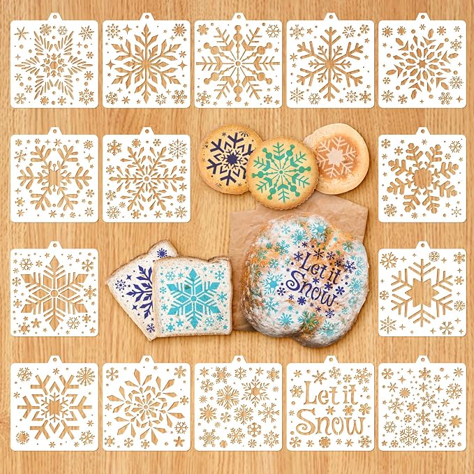 Whaline 15 Pcs Snowflake Cookie Stencils Painting Stencils Christmas Decorative Biscuit Cake Baking Templates with Bead Chain for Xmas Winter Holiday Party DIY Craft, 4.7 x 5.1 Inch