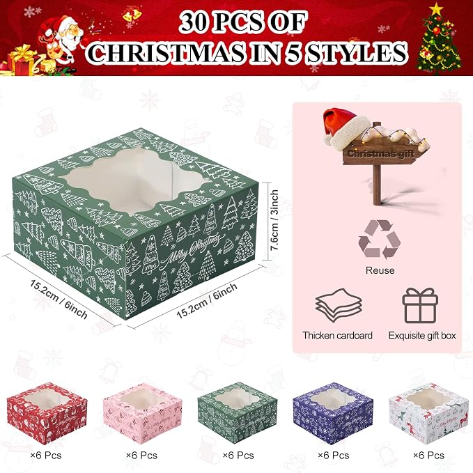 COTOPHER 30Pcs Christmas Cookie Boxes for Gift Giving, 6x6x3 inch Bakery Box with Window, Xmas treat Boxes for Holiday Party Favor Pastries, Cupcakes, Muffins Donuts Chocolate, Gift Wrapping