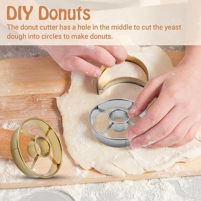 2 Pack Stainless Steel Donuts Cutter Set, 3.86 Inch Professional Baking Tool with 1.38 Inch Center Hole for Perfect Homemade Donuts, Silver & Gold