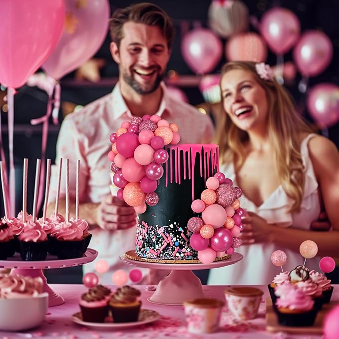 66 PCS Colorful Ball Cake Picks for Cake Decoration Pink Series with 6 Vibrant Colors Pearl Ball Shaped Cupcake Toppers for Birthday Party and Wedding Supplies
