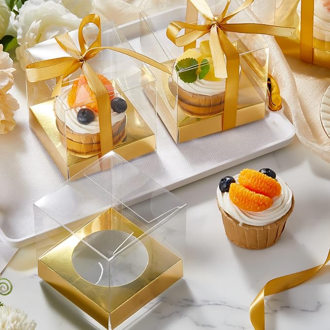 96 Pieces Individual Cupcake Boxes Single Cupcake Container Clear Cupcake Carrier Plastic Cupcake Storage Cupcake Holder with Ribbon and Insert for Wedding Birthday Party Favor, 3.5 x 3.5 x 3.5(Gold)