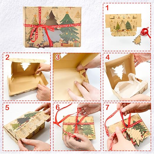 12 Packs Christmas Cookie Boxes with Window,Bakery Treat Boxes Gift Baking Box Christmas Kraft Gift Boxes with Ribbons and DIY Gift Tags for Gift Giving, Pastry, Candy, Party Favors (Small)