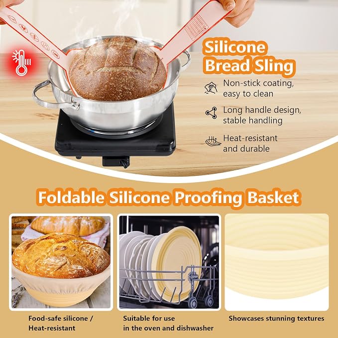 10PS Banneton bread proofing basket Set - 9" Round & 10" Oval Silicone sourdough basket with sourdough tools - Includes proofing basket, lame, scraper, liner - Foldable, Hygienic for Beginners & Pros
