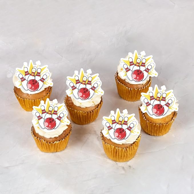 48 PCS Edible Bowling Cupcake Toppers Wafer Paper Sports Ball Cupcake Picks Edible Bowling Birthday Decorations for Sports Theme Baby Shower Boys Girls Player Birthday Party Cake Decoration Supplies