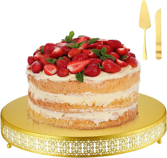 Wenqik 18 Inch Gold Cake Stand Set Metal Round Cupcake Dessert Wedding Cake Stand with Cutting & Spatula Cookies Display Holder Fruit Serving Tray for Table Wedding Birthday Anniversary Party