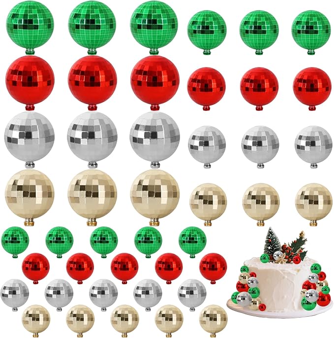 BEISHIDA 40 Pcs Ball Cake Toppers Mini Balls Cake Decorations Red Green Gold Silver Sticks Foam Balls DIY Cake Topper Insert Balls Cake Decorations for Baking Christmas Party Decorations