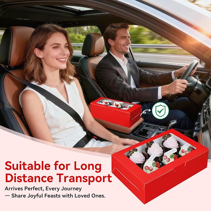 10-Set Cupcake Boxes Bulk with Clear Display Window Hold 6 Standard Cupcakes, Disposable Food Grade Red Cupcake Carrier Cupcake Container, Perfect for Cupcakes Muffins Cookies Pastries