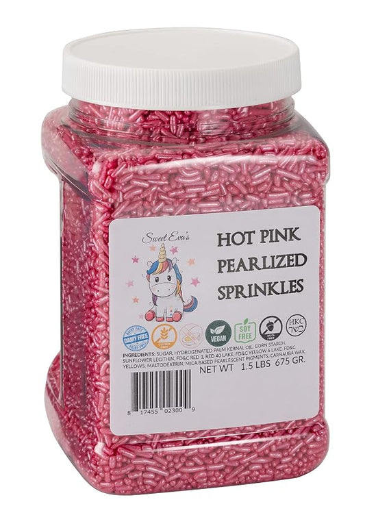 HOT PINK PEARLIZED SPRINKLES-CAKE DECORATING JIMMIES, CUPCAKES, COOKIES, AND CAKES TOPPER, BULK CANDY, LARGE 1.5 LBS. DAIRY FREE, GLUTEN FREE, EGG FREE, VEGAN, SOY FREE, NUTS FREE, KOSHER