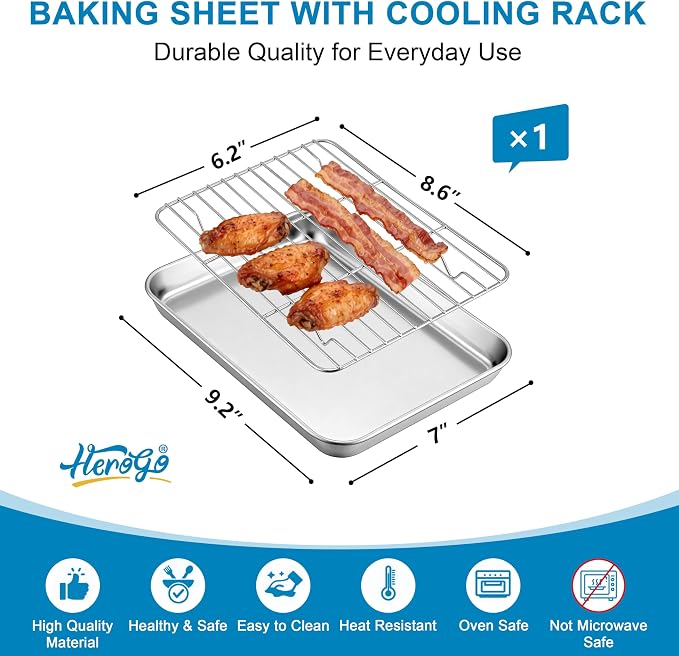 Herogo Small Stainless Steel Baking Sheet with Rack Set(1 Pans + 1 Racks), 9.2'' x 7'' x 1'' Mini Metal Bacon Tray with Cooling Rack Set for Baking & Roasting, Nontoxic & Easy Clean