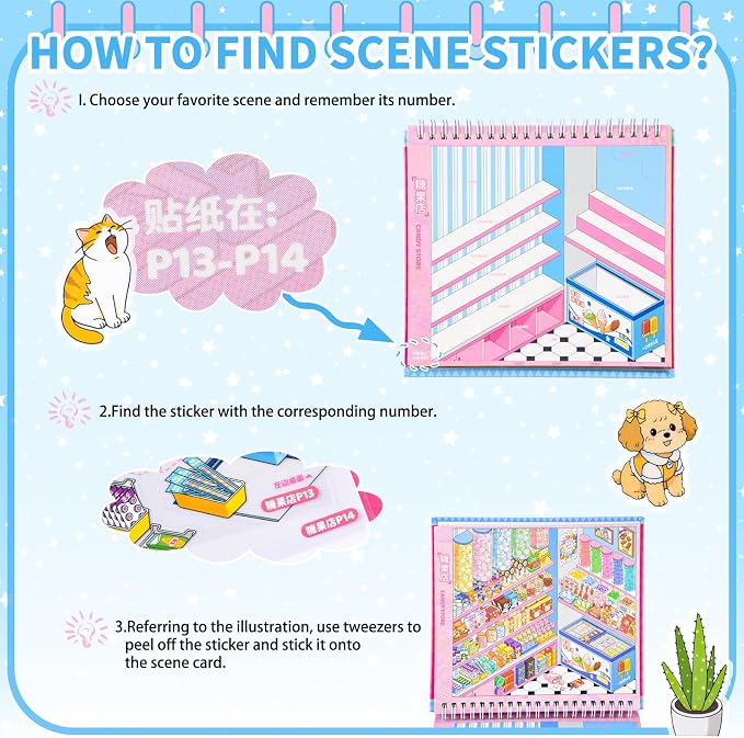 10Pcs Big Size 3D Stickers Scene Book DIY Make Your Own Scenes House Stickers Therapy for Adults Relief Stress Pass The Time (Multicolor)