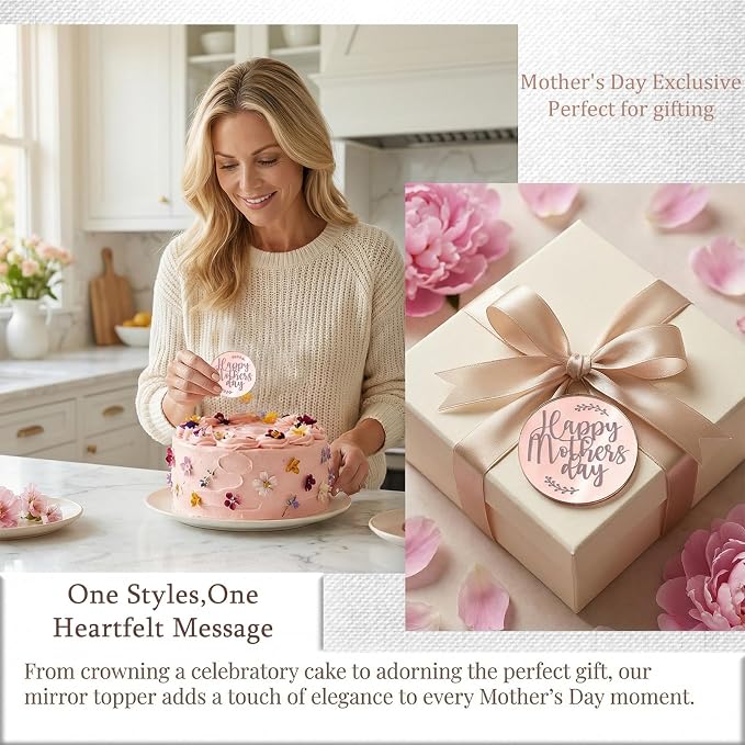 Wootkey 20 Pcs Acrylic Happy Mothers Day Cupcake Toppers Rose Gold Mirror Cake Toppers for Mothers Day Cake Decorations DIY Gift Dessert Arrangements Decor