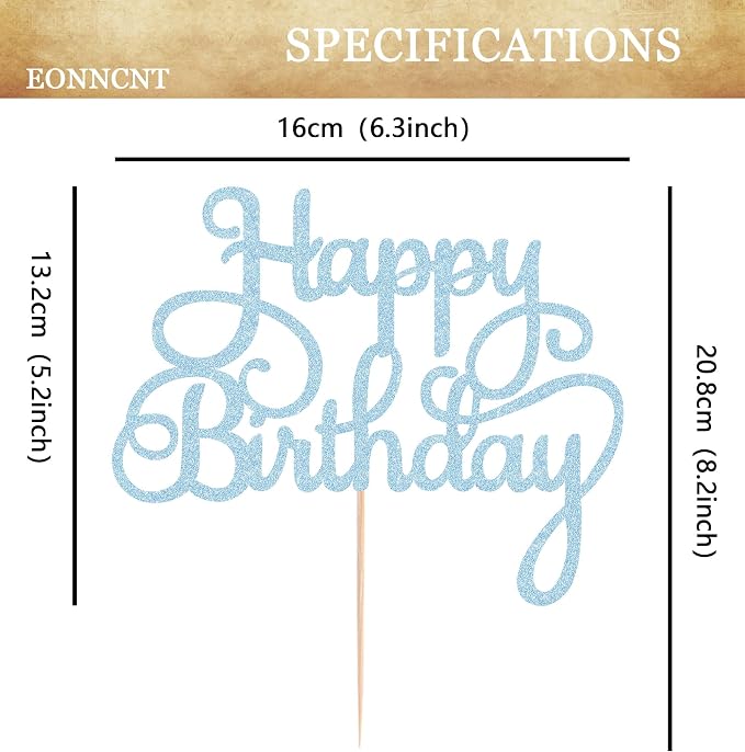 Happy Birthday Cake Topper - Light Blue Glitter Birthday Party Cake Decoration Supplies, Photo Booth Props