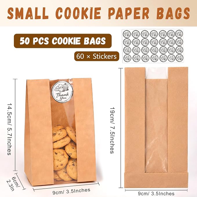 50 Pack Cookie Bags with Window, 3.5"x 2.3"x7.5" Kraft Paper Bakery Bags with Stickers for Snack, Cupcake, Popcorn, Coffee Bean, Party Favor, Cookie Packaging