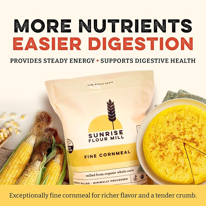 Sunrise Flour Mill Organic Fine Cornmeal | 2 LB | Yellow Cornmeal | Corn Flour | Fine Corn Meal | Milled from Organic Whole Kernel | No Artificial Ingredients | Non-Aluminum Baking Powder