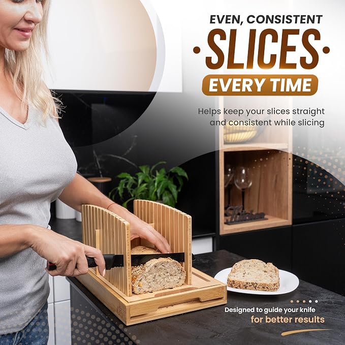 Bread Slicer for Homemade and Sourdough Bread - Hard Maple Wood and Bamboo, Adjustable Slicing Guide for Even Slices with Crumb Tray for Easy Cleanup