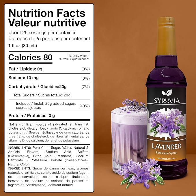 Syruvia Coffee Syrup, Lavender Flavored Syrup for Drinks, Lattes, and Desserts – 25.4 fl oz - with Pump